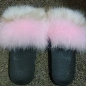 Pink white and brown fluffy sandals
